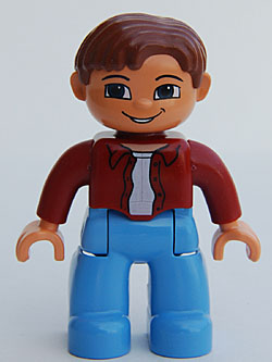 Duplo Figure Lego Ville, Male, Medium Blue Legs, Dark Red Top, Reddish Brown Hair, Blue Eyes