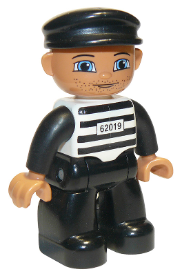 Duplo Figure Lego Ville, Male Prisoner, Black Cap, Light Nougat Head and Hands, Black and White Striped Shirt with '62019', Black Legs