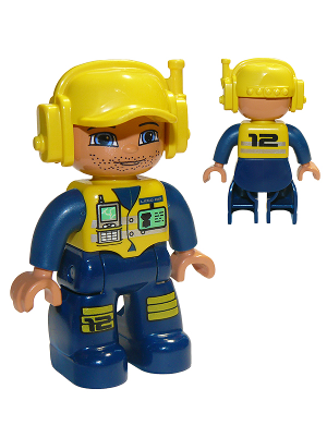 Duplo Figure Lego Ville, Male, Dark Blue Legs &amp; Jumpsuit with Yellow Vest, Radio, ID Badge, Yellow Cap with Headset, Slight Smile