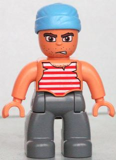 Duplo Figure Lego Ville, Male Pirate, Dark Bluish Gray Legs, Red and White White Striped Top, Medium Blue Cloth Wrap (Pirate)
