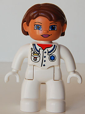 Duplo Figure Lego Ville, Female Medic, White Legs, White Top with Pocket and EMT Star of Life Pattern, Reddish Brown Hair, Blue Eyes, White Hands
