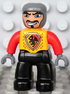 Duplo Figure Lego Ville, Male Castle, Black Legs, Bright Light Orange Chest, Red Arms, Dark Bluish Gray Hands, Wide Crooked Grin (4265815)