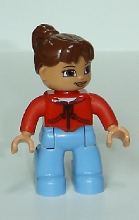 Duplo Figure Lego Ville, Female, Medium Blue Legs, Red Jacket with Black Zipper and Pockets, Reddish Brown Ponytail Hair (4598306)