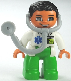 Duplo Figure Lego Ville, Male Medic, Bright Green Legs, White Top with ID Badge and EMT Star of Life Pattern, Attached Stethoscope