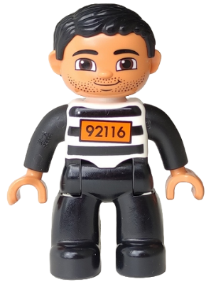 Duplo Figure Lego Ville, Male, Black Legs, Black and White Striped Top with Number 92116, Black Hair (Prisoner)