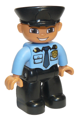 Duplo Figure Lego Ville, Male Police, Black Legs, Medium Blue Top with Badge, Black Hat