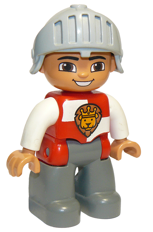 Duplo Figure Lego Ville, Male Castle, Dark Bluish Gray Legs, Red and White Chest with Lion on Shield, Helmet