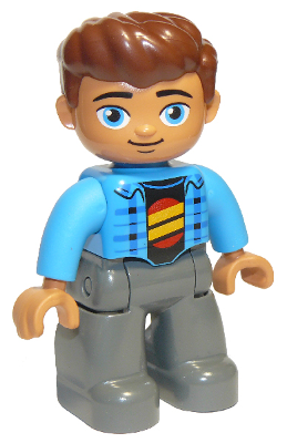 Duplo Figure Lego Ville, Male, Dark Bluish Gray Legs, Dark Azure Jacket, Black Shirt, Reddish Brown Hair