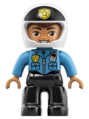 Duplo Figure Lego Ville, Male Police, Black Legs, Dark Azure Top with Badge and Radio, White Helmet with Black Front and Badge (6252672)