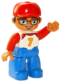 Duplo Figure Lego Ville, Male, Blue Legs, White Top with Number 7 and Red Arms, Reddish Brown Hair, Red Cap (6268360)