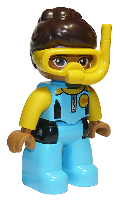 Duplo Figure Lego Ville, Female, Medium Azure Diving Suit, Yellow Arms, Dark Brown Hair, Yellow Diving Mask (6270381)