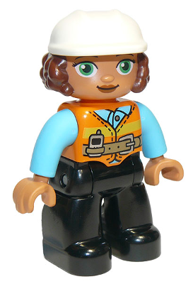 Duplo Figure Lego Ville, Female, Black Legs, Orange Vest with Belt and Telephone, Medium Azure Arms, Light Bluish Gray Hands, White Construction Helmet (6308514)