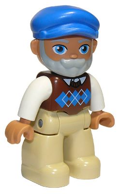 Duplo Figure Lego Ville, Male, Tan Legs, Reddish Brown Argyle Sweater Vest, White Arms, Light Bluish Gray Beard, Blue Cap (6298486)