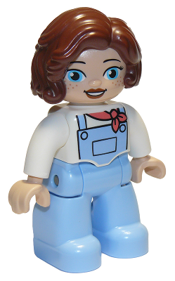 Duplo Figure Lego Ville, Female, Bright Light Blue Legs with Overalls, White Top, Freckles, Reddish Brown Hair (6329836)