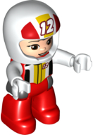 Duplo Figure Lego Ville, Female, Red Legs, White Race Top and Helmet with Number 12 Pattern (6345401)