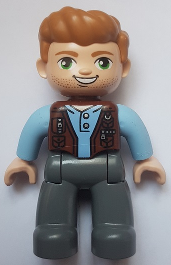 Duplo Figure Lego Ville, Male, Dark Bluish Gray Legs, Reddish Brown Vest, Dark Tan Hair (Jurassic World Owen Grady)