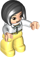 Duplo Figure Lego Ville, Female, Bright Light Yellow Legs, White Top with Light Aqua Bow, Black Hair, Reddish Brown Eyes (6347490)