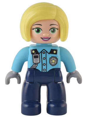 Duplo Figure Lego Ville, Female Police, Dark Blue Legs, Medium Azure Top with Silver Badge and Radio Pattern, Bright Light Yellow Hair (6374290)