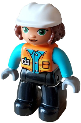 Duplo Figure Lego Ville, Female, Black Legs, Orange Vest with Name Tag and Pocket Pattern, Medium Azure Shirt, Light Bluish Gray Hands, White Construction Helmet (6427943)