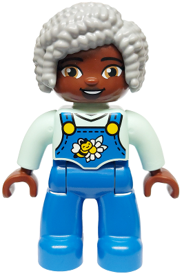 Duplo Figure Lego Ville, Female, Blue Legs with Overalls, Bee and Daisy, Light Bluish Gray Hair (6469007, 6569838)