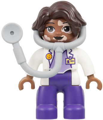 Duplo Figure Lego Ville, Female Medic, Dark Purple Legs, White Top with ID Badge Pattern, White Arms, Dark Brown Hair, Attached Stethoscope, Vitiligo (6533434 / 6548219)