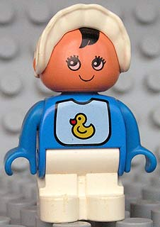 Duplo Figure, Child Type 1 Baby, White Legs, Bib with Duck Pattern, White Bonnet