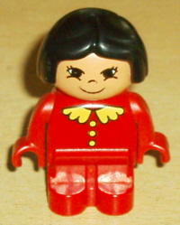 Duplo Figure, Child Type 1 Girl, Red Legs, Red Top with Yellow Buttons and Collar, Black Hair, Eyelashes, Grin
