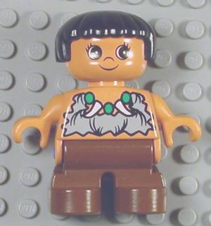 Duplo Figure, Child Type 2 Girl, Brown Legs, Animal Tooth / Claw Necklace, Black Hair (Caveman)