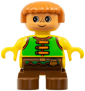 Duplo Figure, Child Type 2 Boy, Brown Legs, Bright Green Vest with Brown Straps and Belt with Sash (4171576)