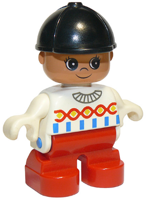 Duplo Figure, Child Type 2 Girl, Red Legs, White Top with Red, Yellow and Blue Designs, Black Riding Hat