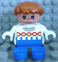 Duplo Figure, Child Type 2 Boy, Blue Legs, White Sweater with Chain Pattern, Dark Orange Hair (75696)