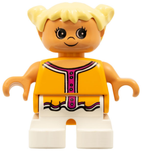 Duplo Figure, Child Type 2 Girl, White Legs, Orange and Dark Pink Top, Light Yellow Hair Pigtails (4171575)