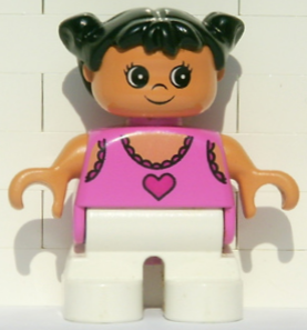 Duplo Figure, Child Type 2 Girl, White Legs, Dark Pink Lace Tank Top with Heart, Black Hair Pigtails