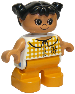 Duplo Figure, Child Type 2 Girl, Medium Orange Legs, Checkered Blouse, Black Hair Pigtails