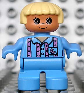 Duplo Figure, Child Type 2 Girl, Medium Blue Legs, Medium Blue Top with Pink Stripes and Bunny Logo, Light Yellow Hair