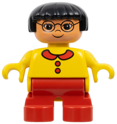 Duplo Figure - Female, Child Girl, Red Legs, Yellow Top with Collar and Buttons Pattern, Black Hair, Nougat Head (75501)