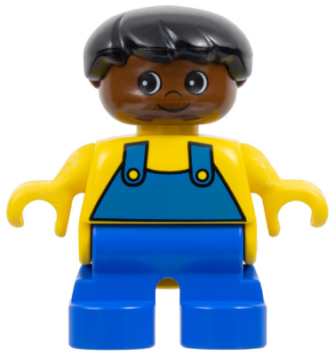 Duplo Figure - Male, Child Boy, Blue Legs, Yellow Top with Overalls Pattern, Black Hair, Brown Head (75507)