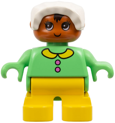 Duplo Figure - Female, Child Baby, Yellow Legs, Medium Green Top with Collar and Buttons Pattern, White Bonnet, Dark Orange Head (75514)