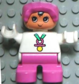 Duplo Figure, Child Type 2 Baby, Dark Pink Legs, White Top, Dark Pink Bonnet