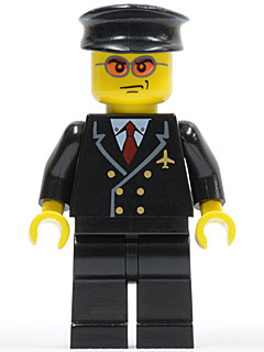 Airport - Pilot with Red Tie and 6 Buttons, Black Legs, Black Hat, Orange Sunglasses