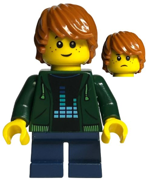 Child - Boy, Dark Green Hoodie, Dark Blue Short Legs, Dark Orange Tousled Hair, Freckles