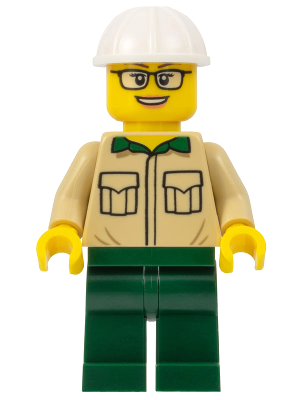 Construction Engineer / Architect - Female, Tan Shirt, Dark Green Legs, White Construction Helmet
