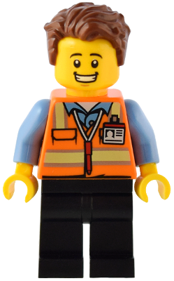 Train Driver - Male, Orange Safety Vest with Reflective Stripes, Black Legs, Reddish Brown Hair