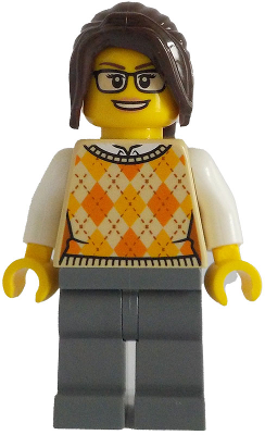 Ticket Vendor - Female, Tan Knit Argyle Sweater Vest, Dark Bluish Gray Legs, Dark Brown Hair Ponytail Long with Side Bangs, Glasses