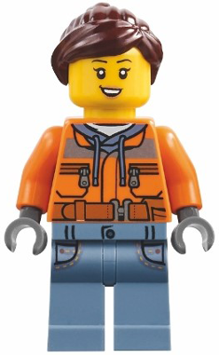 Harbormaster's Office Attendant - Orange Safety Jacket, Sand Blue Legs with Pockets, Dark Brown Ponytail