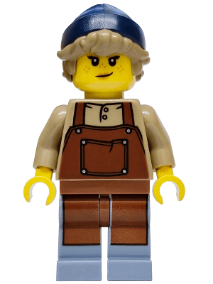 Privateer Frigate Fortuna Carpenter - Female, Reddish Brown Apron, Sand Blue Legs, Dark Blue Beanie, Dark Tan Hair