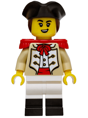 Privateer Frigate Fortuna Marine - Female, Tan Coat, White Legs with Black Boots, Red Epaulettes, Black Tricorne, Reddish Brown Hair, Open Mouth Crooked Smile