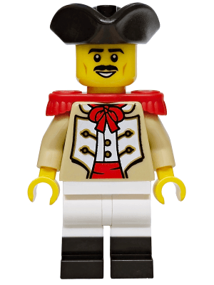 Privateer Frigate Fortuna Marine - Male, Tan Coat, White Legs with Black Boots, Red Epaulettes, Black Tricorne Hat, Black Moustache