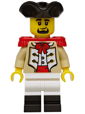 Privateer Frigate Fortuna Marine - Male, Tan Coat, White Legs with Black Boots, Red Epaulettes, Black Tricorne Hat, Black Goatee