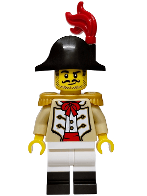Privateer Frigate Fortuna Captain - Male, Tan Coat, White Legs with Black Boots, Pearl Gold Epaulettes, Black Bicorne Hat, Red Plume